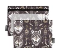 Mystic Wolves Trousse à crayons à 3 trous avec fermeture éclair pour classeurs à 3 anneaux, Symboles chamaniques des loups mystiques, 1 sizex2