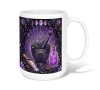 Mystical Alchemy Tasse à café en céramique avec mortier et pilon 445 ml | Art d'alchimie botanique, tasse à thé, phases de lune céleste, décoration apothicaire mystique, esthétique spirituelle
