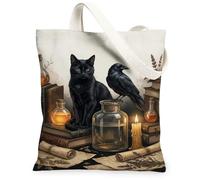 Mystical Cat and Raven Alchemy Sac fourre-tout en toile 33 x 38,1 cm | Esthétique gothique érudite, thème mystique sorcière, bouteilles de potion d'alchimie, décoration gothique corbeau