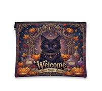 Mystical Cat Trousse de maquillage avec citation magique d'automne 17,8 x | Illustration d'arche gothique, pochette de maquillage zippée, lanternes lumineuses, bouteilles de potion sorcière