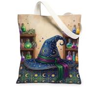 Mystical Celestial Wizard Hat Potion Sac fourre-tout en toile 33 x 38 cm | Bouteilles de potion d'apothicaire avec lune céleste et étoiles - Thème fantaisie mystique - Impression artistique
