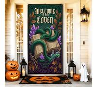 Mystical Coven Couverture de porte Halloween avec citation du livre de | Illustration de livre de sorts, bannière de porte d'entrée, cristaux mystiques, typographie gothique, esthétique occulte