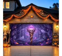 Mystical Crystal Skull Staff Housse de porte de garage Thème Halloween 397 | Crâne en cristal lumineux, toile de fond de porte de garage, fantômes éthérés, forêt effrayante, atmosphère magique