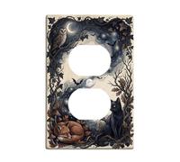 Mystical Forest Animal Night Scene Chat Fanciful Duplex Outlet Covers Plate | Animaux de la forêt, croissant de lune, horizon nocturne étoilée, lierre, thème de la forêt mystique, accents de maison moody