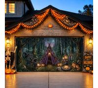 Mystical Forest Tipi Scène Halloween Porte de Garage Couverture 397 x 180 | Thème camping forestier, bannière de porte de garage, tente violette, citrouilles de récolte, forêt mystique