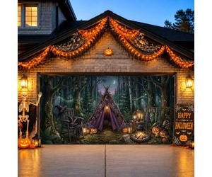 Mystical Forest Tipi Scène Halloween Porte de Garage Couverture 397 x 180 | Thème camping forestier, bannière de porte de garage, tente violette, citrouilles de récolte, forêt mystique