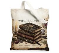 Mystical Grimoire Witch Culture Citation Gothique Sac fourre-tout en toile | Esthétique gothique, imagerie occulte, pile de livres vintage, bougie mystique, éléments floraux botaniques