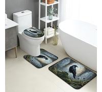 Mystical - Lot de 3 tapis de salle de bain antidérapants en forme de U, motif forêt corbeau, tapis de toilette en flanelle lavable à séchage rapide