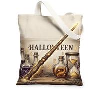 Mystical Magic Wand Potion Sac fourre-tout en toile avec citation | Illustration baguette magique, bouteilles de potion, motif sablier, fond parchemin vintage, thème de l'alchimie mystique