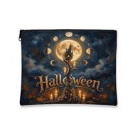 Mystical Moon and Broomstick Trousse de maquillage sur le thème d'Halloween | Motif phases lunaires, trousse de maquillage, art mystique du balai, ambiance aux chandelles, texture de peinture à l'huile