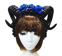 Mystical Serre-tête en corne de mouton pour femme avec 3 roses et chaîne pour vampire, gothique, cosplay, Pâques, filet rouge, corne de mouton, couronne de fleur de rose noire en maille longue