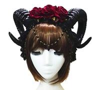 Mystical Serre-tête en corne de mouton pour femme avec 3 roses et chaîne pour vampire, gothique, cosplay, Pâques, filet rouge, corne de mouton, couronne de fleur de rose noire en maille longue