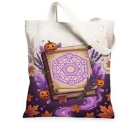 Mystical Spellbook Magic Circle Citation Halloween Sac fourre-tout en toile | Symboles magiques, faisceaux de lavande, cristaux brillants, feuilles d'érable tombées, esthétique sorcière