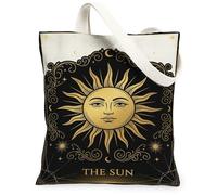 Mystical Sun Tarot Card Sac fourre-tout en toile bohème 33 x 38 cm | Motifs étoiles célestes, détails en filigrane doré, thème astrologie mystique, esthétique bohème, art inspiré des cartes de