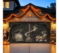 Mystical Witch Balai et couverture de porte de garage occulte Halloween 397 | Symboles occultes, bannière de porte de garage, corbeau effrayant, pierre tombale gothique, crânes étranges