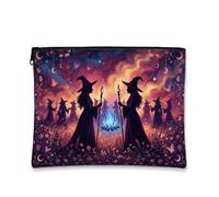 Mystical WitchGathering Trousse de Maquillage Halloween 22,9 x 16,5 cm | Magicalscene, trousse de maquillage zippée, motifs de lune céleste, illustration de feu de camp lumineux
