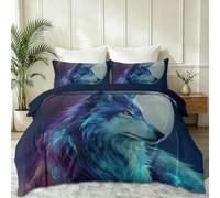 Mystische Fantasy Microfaser Bettwäsche 135 x 200 cm, Mehrfarbig Bunter Sternenhimmel Wolf Wendebettwäsche Set, Atmungsaktiv Ganzjährig Nutzbar mit 1 Kissenbezug 80 x 80 cm