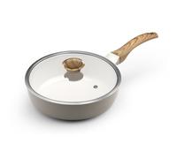 Cuisinox - Mythic - Sauteuse 24 cm avec revêtement en céramique blanche et couvercle assorti - Poignée Fixe Soft Touch effet bois - Sans PFOA et PFAS - Coloris Blanc et Gris