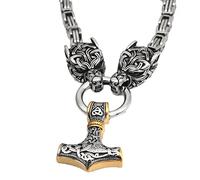 Mythologie Nordique Loup Celtique Mjolnir Collier - Tête de Loup Irlandais en Acier Inoxydable Marteau de Thor Pendentif Amulette - Hommes Viking King Chain Celtic Pagan Jewelry