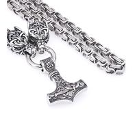 Mythologie Nordique Viking Mjolnir Collier Pour Homme - Tête de Loup Avec Pendentif Marteau de Thor Acier Inoxydable King Chain - Fait À la Main Vintage Heavy Chunky Chain Pagan Jewelry(Silver Square