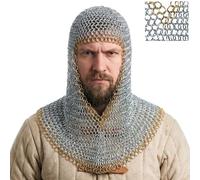 Mythrojan Chainmail Coif Medieval Knight Renaissance Armor Chain Mail Hood with Brass Edges Viking LARP Replica Warrior Knight Chian Mail Head Armour16 Gauge