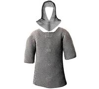 Mythrojan Chainmail Shirt with Coif Medieval Knight Armor Costume Medieval Chain Mail Shirt and Coif Armour Set Reenactment Warrior Haubergeon Historical Chainmail Replica - Zinc Plated, Large Size