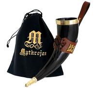 Mythrojan Medieval Drinking Horn 100% Natural Authentic Viking Norse Horn with Free Brown Leather Holster, Canvas Bag for Wine, Beer Mead Ale, Perfect for Cosplay, LARP, Medieval Events - 350 ml