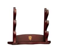 Mythrojan Medieval Sword Stand Solid Wood Horizontal Display Rack for Katana, Samurai, Gladiator, Crusader Swords Elegant Tabletop Holder, 3-Tier - Dark Brown