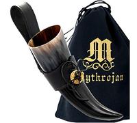 Mythrojan Viking Drinking Horns, Medieval Drinking Horn,Norse Horn with Black Leather Holder 100% Natural Authentic Horn for Drinking Beer, Wine, Whisky, Medieval Events, Cosplay, SCA, LARP - 150 ml