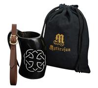 Mythrojan Viking Drinking Tankard, Medieval Drinking Tankard, Ale Tankard, Norse Tankard with 100% Authentic Horn Tankard for Drinking Beer, Mead, Gifts for Men Women with Leather Strap - 600ml