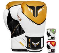 Mytra Fusion Gants de Boxe - Gants d'entraînement MMA Parfaits pour Le Punch, Le Kickboxing, Le Fitness, Le Sparring, Le Muay Thai, l'entraînement et Le Combat (White/Gold, 12-oz)
