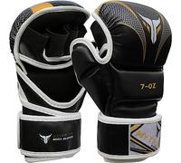 Mytra Fusion Gants MMA avec Paume Ouverte et Support de Poignet réglable, Gant MMA pour Sparring, Grappling, Cage Fighting, Combat Sports, Kickboxing, Punching Bag and Martial Arts (Black Gold, S/M)