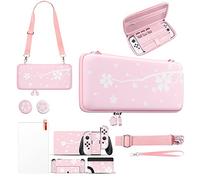 Mytrix Étui de Transport Rose pour Switch OLED, Coque Rigide Portable pour Switch Console Kits Accessoires, 4 en 1 Bundle avec Autocollants de Peau Sakura Rose, Fleurs de Cerisier Roses Kawaii