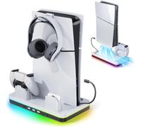Mytrix Fast Charging Stand RGB Cooling Fan for PS5 Slim Console (Disc & Digital), with Controller Charging Station, Controller Charger, 3 Speeds Cooling Fan, Headset Holder, RGB Lights & 3 USB Ports