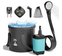 Mytrix Kit complet de douche de camping portable amélioré, pompe rechargeable de 6000 mAh avec écran intelligent, tête de pulvérisation multi-mode, seau d'eau de 5 gallons, bleu