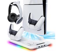 Mytrix Station de Refroidissement pour Nouvelle Console PS5 Slim 2023, Ventilateur de Refroidissement à 3 Vitesses, Station de Charge avec Chargeur de contrôleur, 14 lumières RVB et 3 Ports USB
