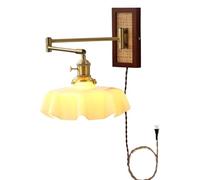 MYUYEE Applique Murale en Verre Opalin avec Bras Articulé, Style Vintage, Dorée Et Bois, Idéale pour La Chambre, Le Salon Ou La Table De Chevet.
