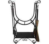 MYUYEE Ensemble d'outils de cheminée, supports robustes pour bois de chauffage avec 4 pièces d'outils de cheminée, support en bois de ferme/extérieur/intérieur pour cheminée, poêle et foyer, design