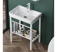 MYUYEE Lavabo sur Pied en Céramique avec Pieds en Acier Inoxydable Et Étagère De Rangement - Console De Vasque Autoportante(Blanc - 40 X 29 Cm / 15,7 X 11,4 Pouces)