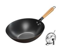 MYUYEE Poêle à Frire Traditionnelle antiadhésive à Fond Rond en Fer avec Manche en Bois poêle à Frire en Fer pré-assaisonnée à Fond Rond pour Tous Les poêles,B-30CM