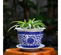 MYUYEE Pot de Fleurs en Porcelaine Bleu et Blanc de Style Chinois urne poterie avec Plateau Pot de Fleurs Artisanal décoration de Chambre décoration en Porcelaine,G-29 * 19cm