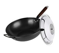 MYUYEE Wok Profond en Fonte - Poêle à Sauter Artisanale avec Couvercle et Double poignée à Fond Rond pour la Cuisine,