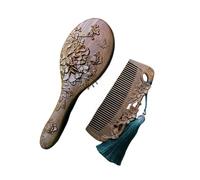 MYVVKIA Ensemble Brosse à Cheveux et Peigne, Peigne de Massage en Bois de Sculpture de Fleur de Pivoine Classique rétro, Brosse à Cheveux Antistatique, Brosse à Cheveux démêlant