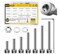 Mywish Assortiment de 550 écrous et boulons M3 en acier inoxydable 304, vis métriques, rondelles à ressort et de verrouillage plates/écrous/clés hexagonales, DIN912 M3 x 6/8/12/14/16/20/25