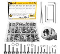 Mywish Assortiment de 900 vis métriques M3 M4 M5 M6, écrous et boulons en acier inoxydable 304, boulons métriques/écrous/rondelles plates, anti-rouille, 16 tailles de 8 mm à 20 mm, clés hexagonales