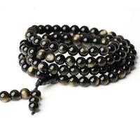 MYXJX Bracelet en Perles, Bracelet en Pierre Naturelle 108 Perles Obsidienne Or Glace/Obsidienne Or Noir/Collier en Cristal de thé élastique for Yoga Chapelet Bouddhiste Charme de prière
