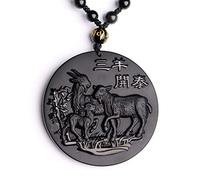 MYXJX Collier d'obsidienne, Collier en obsidienne noire naturelle, pendentif à trois moutons, bijoux en Jade, bijoux fins, trois moutons apportent le bonheur