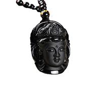 MYXJX Collier d'obsidienne, Collier pendentif bouddha en obsidienne Guanyin en pierre naturelle, amulette porte-bonheur, chaîne de perles for femmes et hommes