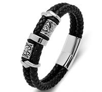 MYZTTZR Double black,185mm, Viking Aciers Inoxydables Cuir Bracelet Pour Homme, Bicolore Tressé Bijoux Avec Fermeture Magnétique Bracelets Pour Femmes