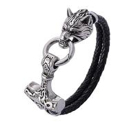 MYZTTZR Fenrir hammer,21cm, Viking Acier Inoxydable Cuir Marteau de Thor Bracelet Pour Hommes Scandinave Personnalisé Créatif Tissé Fenrir Bijoux
